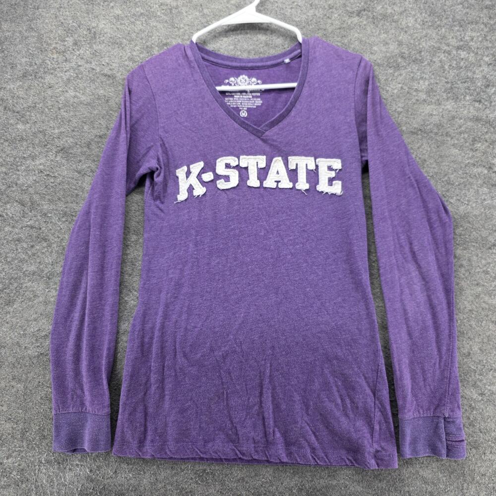 K-State Shirt Womens M Purple V-Neck Long Sleeve NCAA Football Three Square